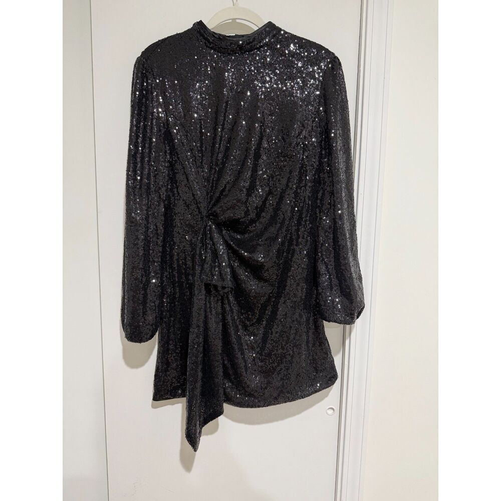 PrettyLittleThing Black Sequin High Neck Long Sleeve Mini Dress Size 10